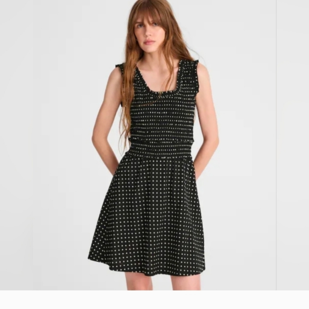 Madewell Ruffled Scoopneck Mini Dress Polka Sleeveless Dot Black Sz 2 $148